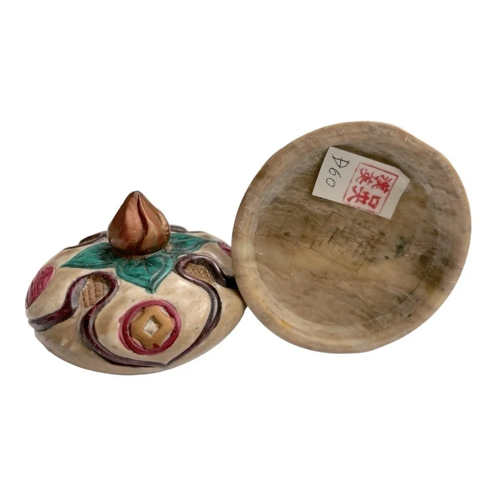 Vintage Chinese Dragon Stone Trinket Box Hand Painted Lidded Jewelry Container